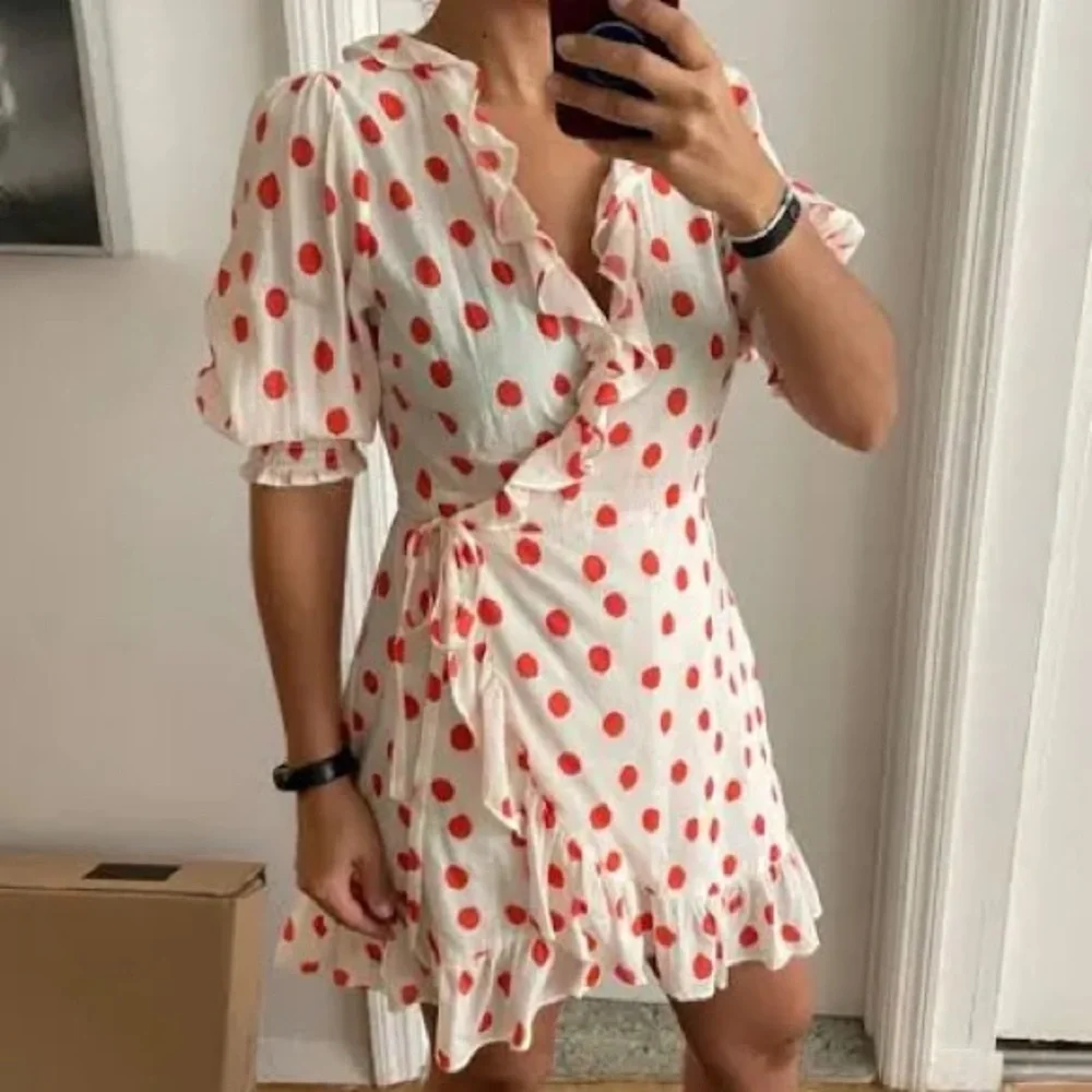 Polka Dot Ruffle Wrap Dress - Picture 2 of 15